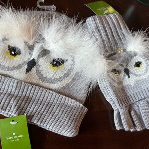 Kate Spade Gray and White Owl Knit Mittens and Hat Set
